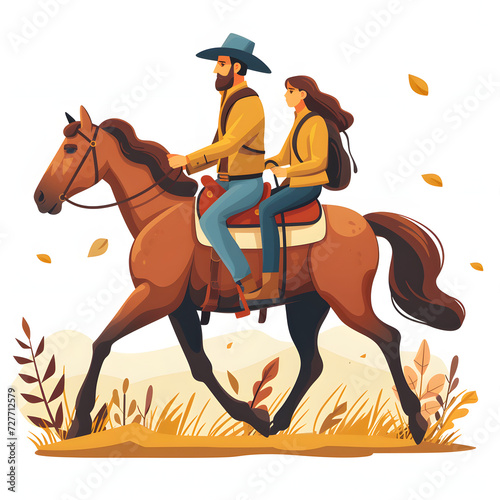 Couples enjoying a scenic horseback ride isolated on white background, hand drawn, png  © Pixel Prophet