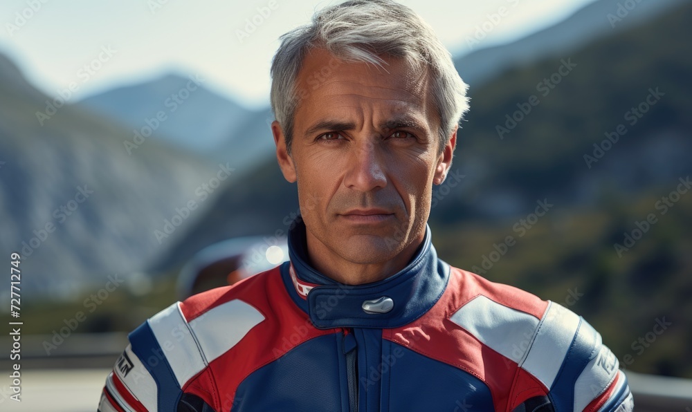 Portrait of a middle-aged man dressed in a motorcycle suit. Portrait of a middle-aged man dressed in a motorcycle suit.