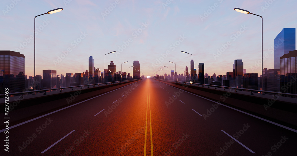 Empty asphalt road. Metropolitan sunset cityscape. Quiet highway. 3D rendering.