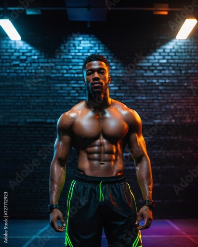 A muscular man standing confidently in the centre of a busy neon-lit city street at night