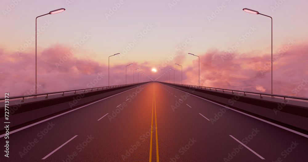 Empty asphalt road on clouds continue forever. Pink sky and sunset sea of clouds. 3D rendering.