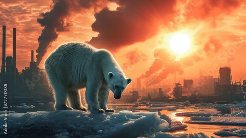 A limited ice berg scene featuring a polar bear standing on small ice  background with hot industrial pollution  concerning climate change  Generative AI