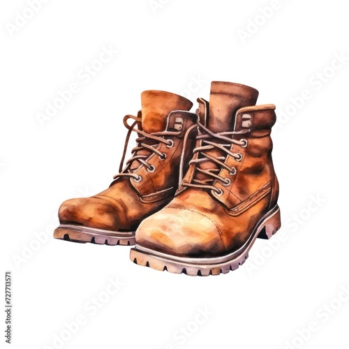 Brown leather boots isolated on white background in watercolor style.