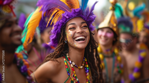 A group of friends in vibrant costumes, dancing joyfully in the midst of Mardi Gras festivities.
