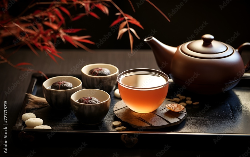 Japanese tea with maple leaves. Traditional Asian teapot with cup on the tray, still life