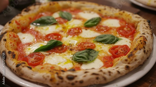 A classic Neapolitan pizza, adorned with tomatoes, mozzarella, basil, and olive oil