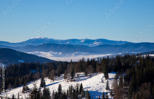 Landscape with Stanisoarei mountains from the Eastern Carpathians in winter