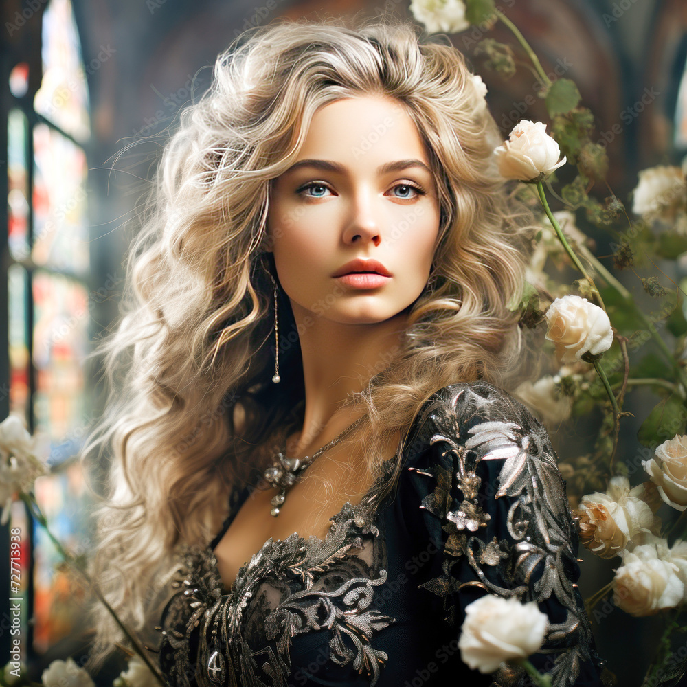Fototapeta premium beautiful woman standing with flower background