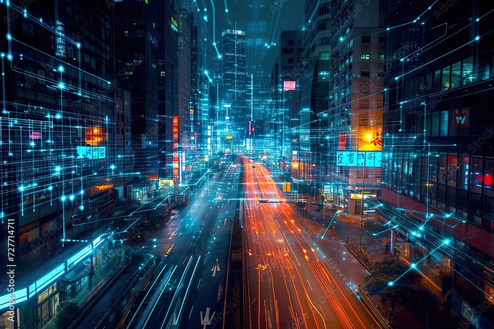 Abstract night view of the street in cityscape from the bird's perspective