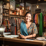 Indian woman standing her clothing shop