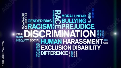 Discrimination animated word cloud;text design animation tag kinetic typography seamless loop.