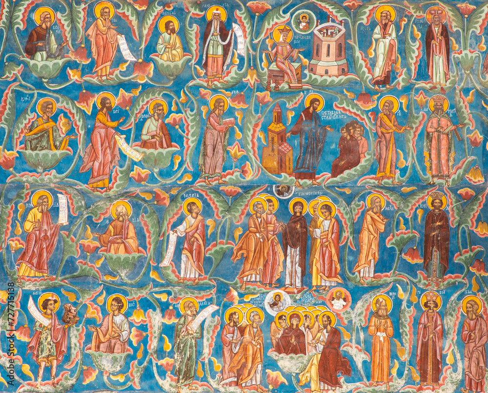 Biblical scenes and icons on the wall of the Moldovita monastery - Romania