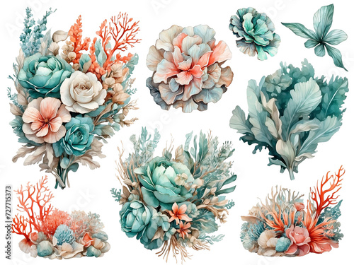 Set of hand drawn watercolor sea weeds and corals. Isolated on white background.