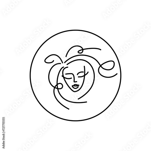 beauty Studio. logo in a circle. girl's face and hairstyle. linear stylized vector illustration