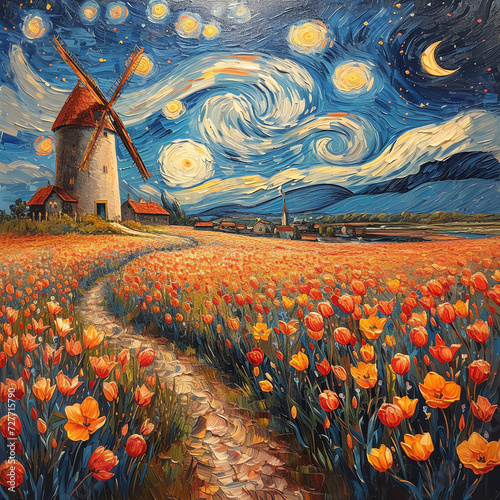 Ölgemälde - Blumenfeld mit Windmühle, Nachthimmel und Mond