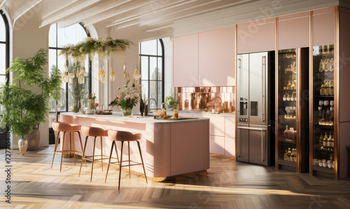 Stylish pink kitchen interior with modern furniture and fridge photo