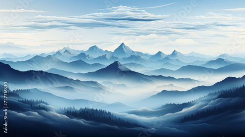 Landscape portrait of blue misty hills or cliffs with soft blue sky and clouds. Painting or illustration.