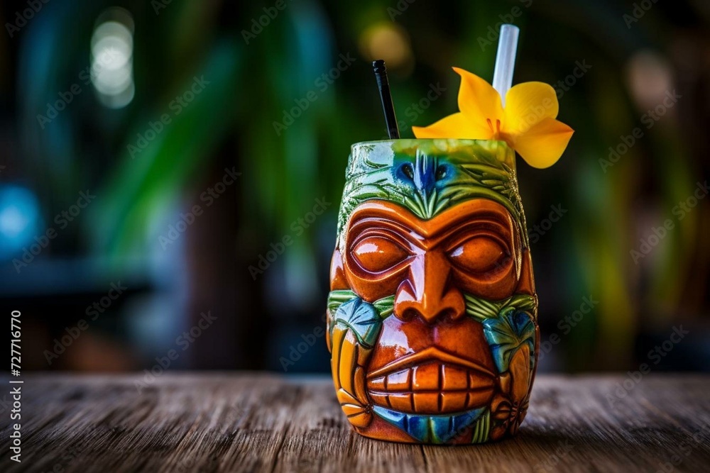 Enjoy drinks in Tahiti with a colorful tiki mask. Generative AI - obrazy, fototapety, plakaty 