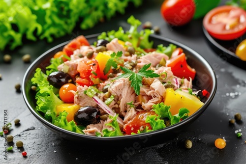 Canned tuna salad with fresh vegetables, capers and olives in a black bowl. Healthy lunch or dinner. 