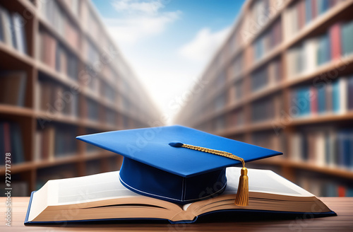 University master cap with open book on blurred background of library. Master grade of education, master grade of online education, edvanced training, university studying, knowledge photo