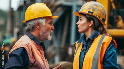 Senior Engineer Instructing Apprentice on Site.
A senior construction engineer in a yellow hard hat explains details to a younger apprentice in an orange vest. photo