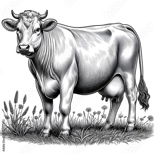 A line art drawn illustration a cow Standing in a field