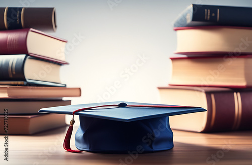 University master cap with books and free space for text on light grey background. Master grade of education, master grade of online education, edvanced training, university studying