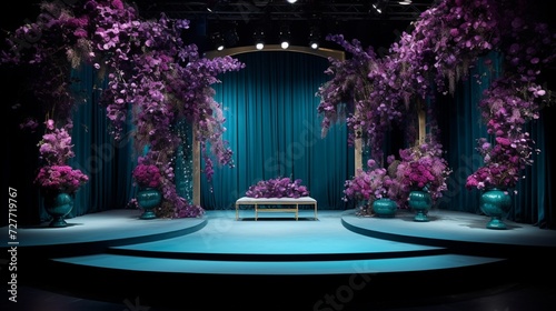 A sumptuous dark teal stage, with a striking podium enveloped by radiant purple flowers, setting a luxurious tone for cosmetic exhibitions. © Abdul