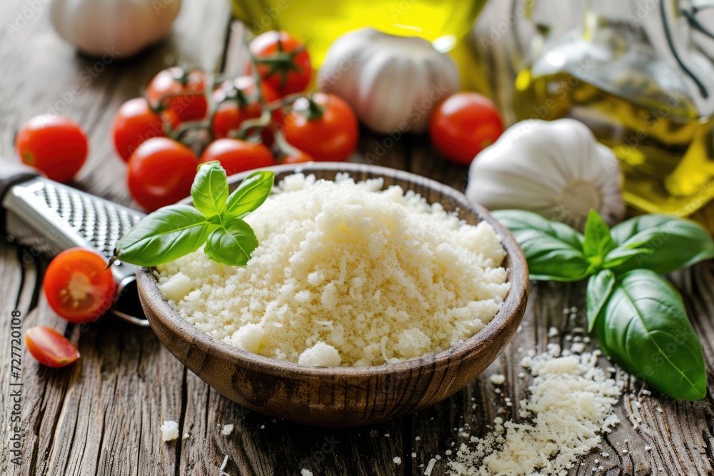 Front view of a crumble and grated parmigiano reggiano surrounded by a grater, cherry tomatoes, olive oil and basil on a rustic wooden table. Front view of a crumble and grated parmigiano reggiano surrounded by a grater, cherry tomatoes, olive oil and basil on a rustic wooden table.