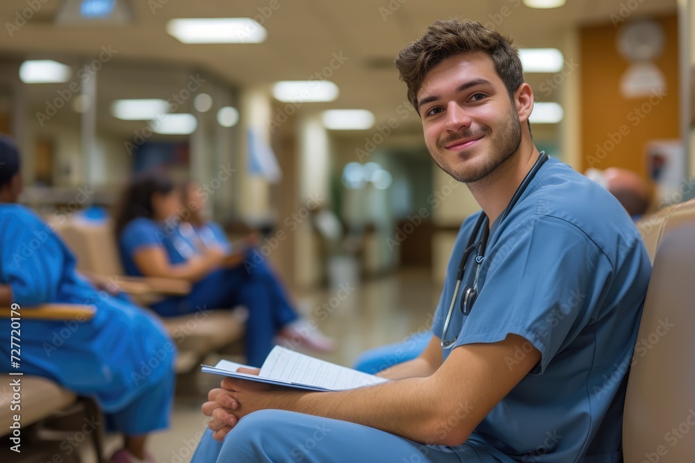 Front view of a happy young white male nurse taking notes in the waiting room at the hospital. 