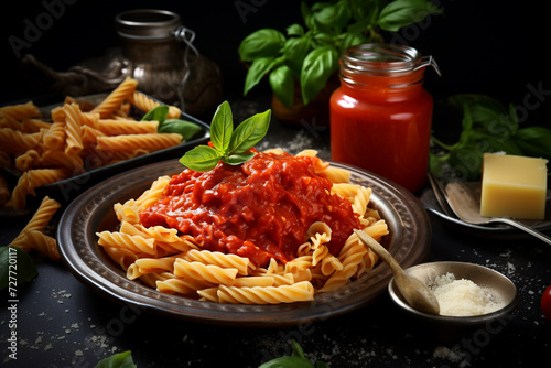 Classic Italian Comfort: Pasta with Rich Sauce and Grated Parmesan, Presented in Elegant Glassware for an Exquisite Dining Experience