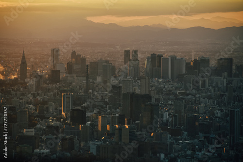 Foto de los rascacielos de Tokyo con el atardecer de fondo en Jap  n.