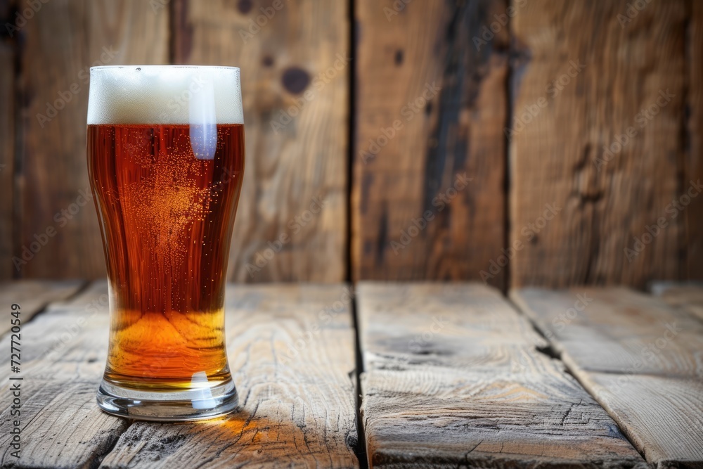 Glass of beer on old wooden table and wooden background Glass of beer on old wooden table and wooden background