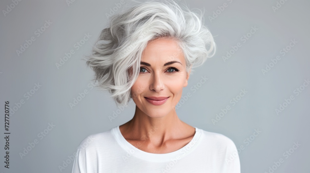 Portrait of a mature woman 50 years old looking at the camera on a white background. Concept for facial skin care, anti-aging cosmetics, cosmetology