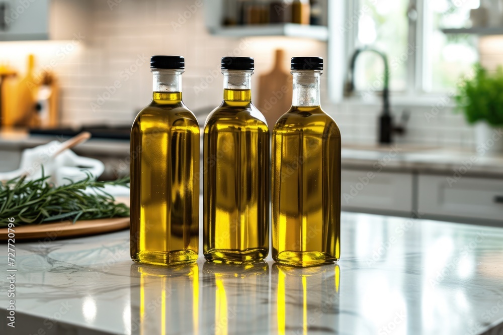 Group of three olive oil bottles isolated at the center of the image on a kitchen countertop Group of three olive oil bottles isolated at the center of the image on a kitchen countertop