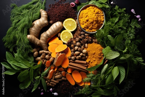 Vibrant assortment of spices and herbs on a dark background. Thuja root with turmenic and cinamon.. photo