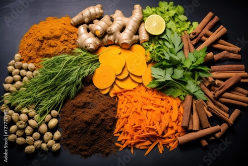 Vibrant assortment of spices and herbs on a dark background. Thuja root with turmenic and cinamon.. photo