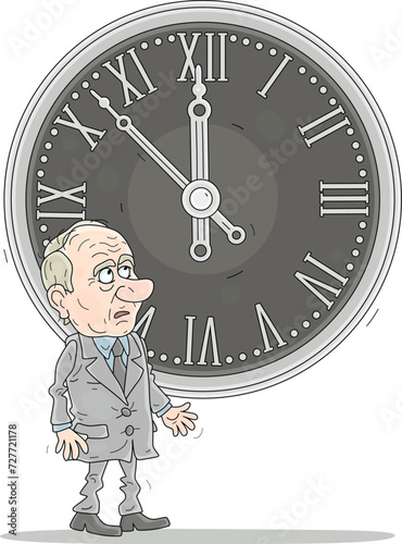 Sad old official watching an antique big clock and thinking about passage of time, vector cartoon illustration isolated on white