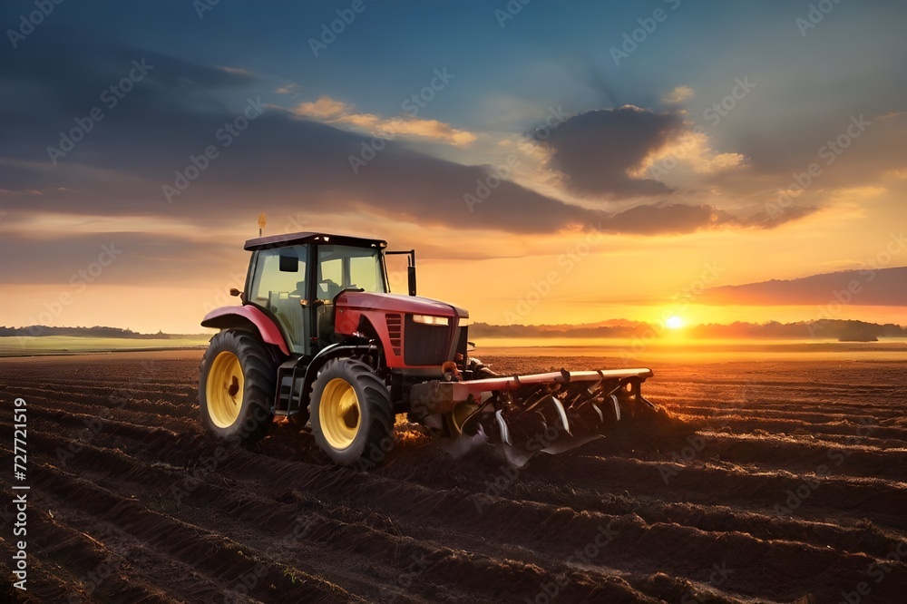 Fototapeta premium Agricultural tractor plowing cereal field at sunset background. Agroindustry and agribusiness. Loosening of the soil between the rows of bushes. Agriculture background concept