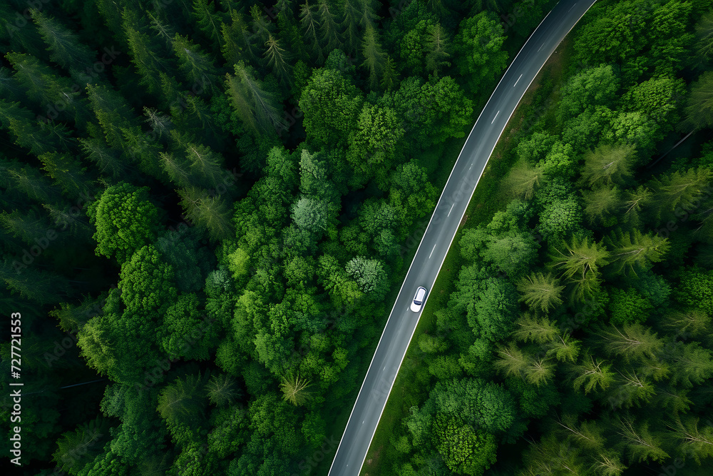 Aerial view of road in the forest with car.