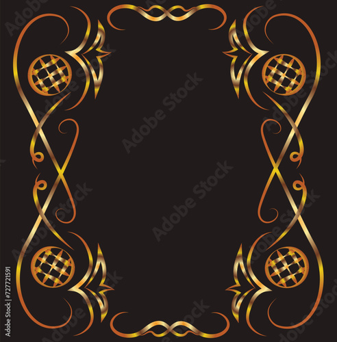 Fantasy ornament with leaves, ovals and curls. Symmetrical ornament, rectangle, applique, background with space for inscription. Gold gradient on a black background for printing on fabric, applique an