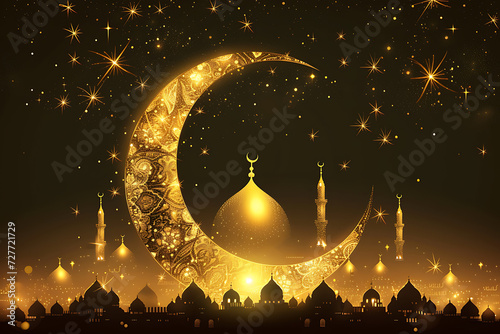Crescent moon Islamic with mosque for Ramadan Kareem and Eid Mubarak background.