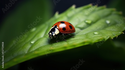ladybug on green leaf with water drops macro close up photo