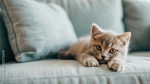 Portrait of comfortable cat lying down on sofa. Adorable funny domestic little small kitty sleeping sleep on couch at animal hospital and pet house hotel