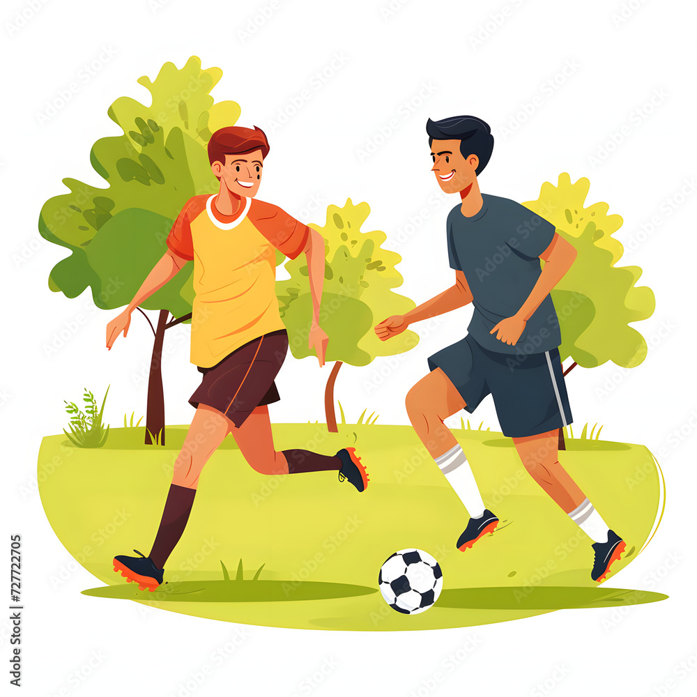 Friends having a friendly game of soccer in a park isolated on white background, cartoon style, png
 - obrazy, fototapety, plakaty 