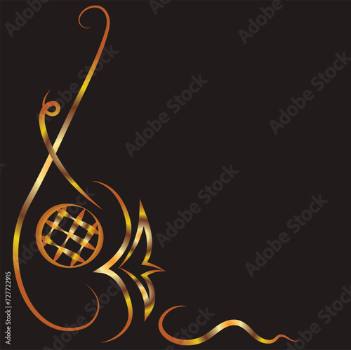 Fantasy ornament with leaves, ovals and curls. Applique, background with space for inscription. Gold gradient on a black background for printing on fabric, applique and cards.