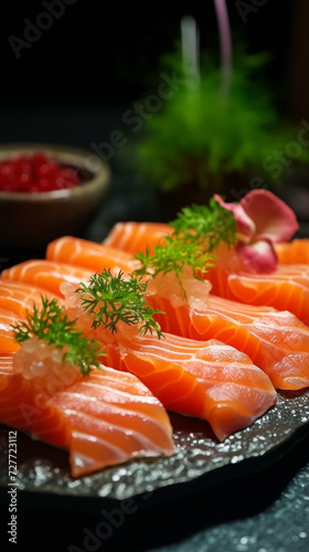 A piece of portioned salmon lies on the table, spices and herbs, the restaurant menu, an unusual background, and homemade food. Healthy food. Fish for diet.