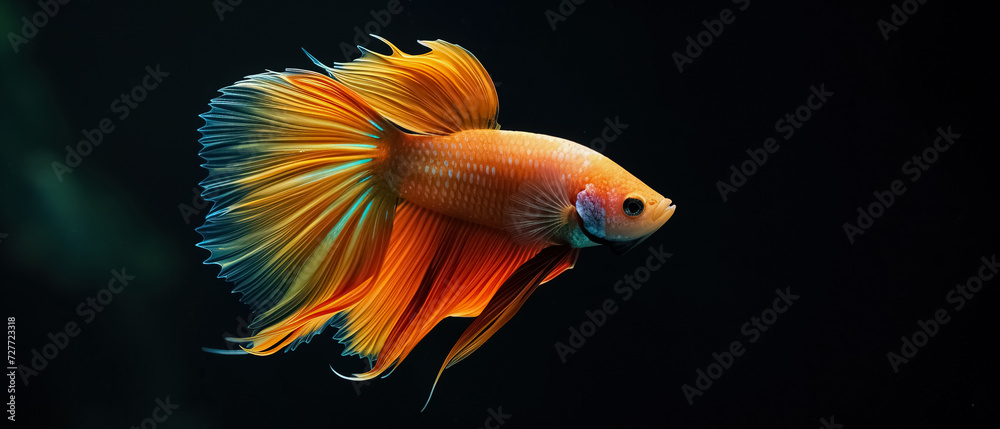 Fighting fish species, betta fish In a glass jar, exotic pet, black background ultrawide banner cover, copy space Fighting fish species, betta fish In a glass jar, exotic pet, black background ultrawide banner cover, copy space