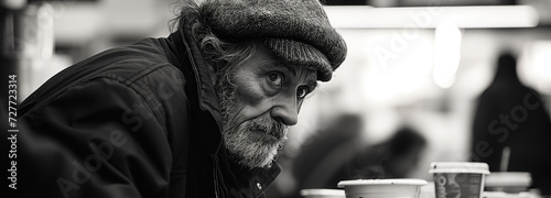 Portrait of homeless with hot food in warming center