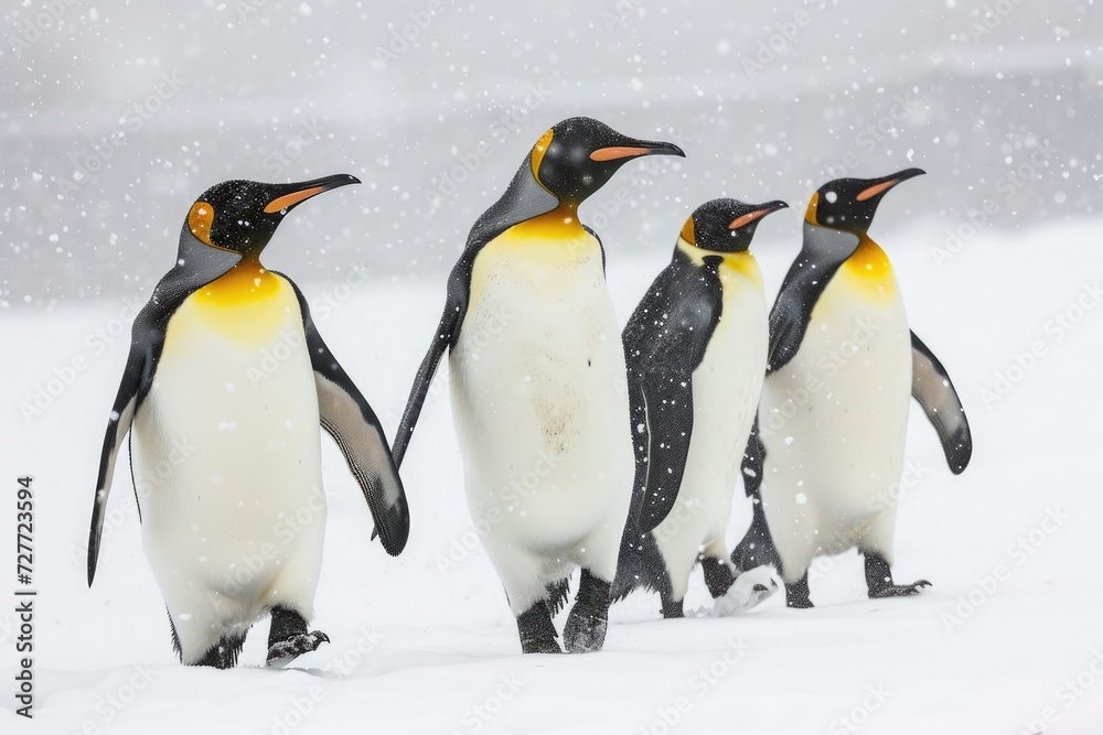 Fototapeta premium King penguins (Aptenodytes patagonicus) walking in snowstorm. 